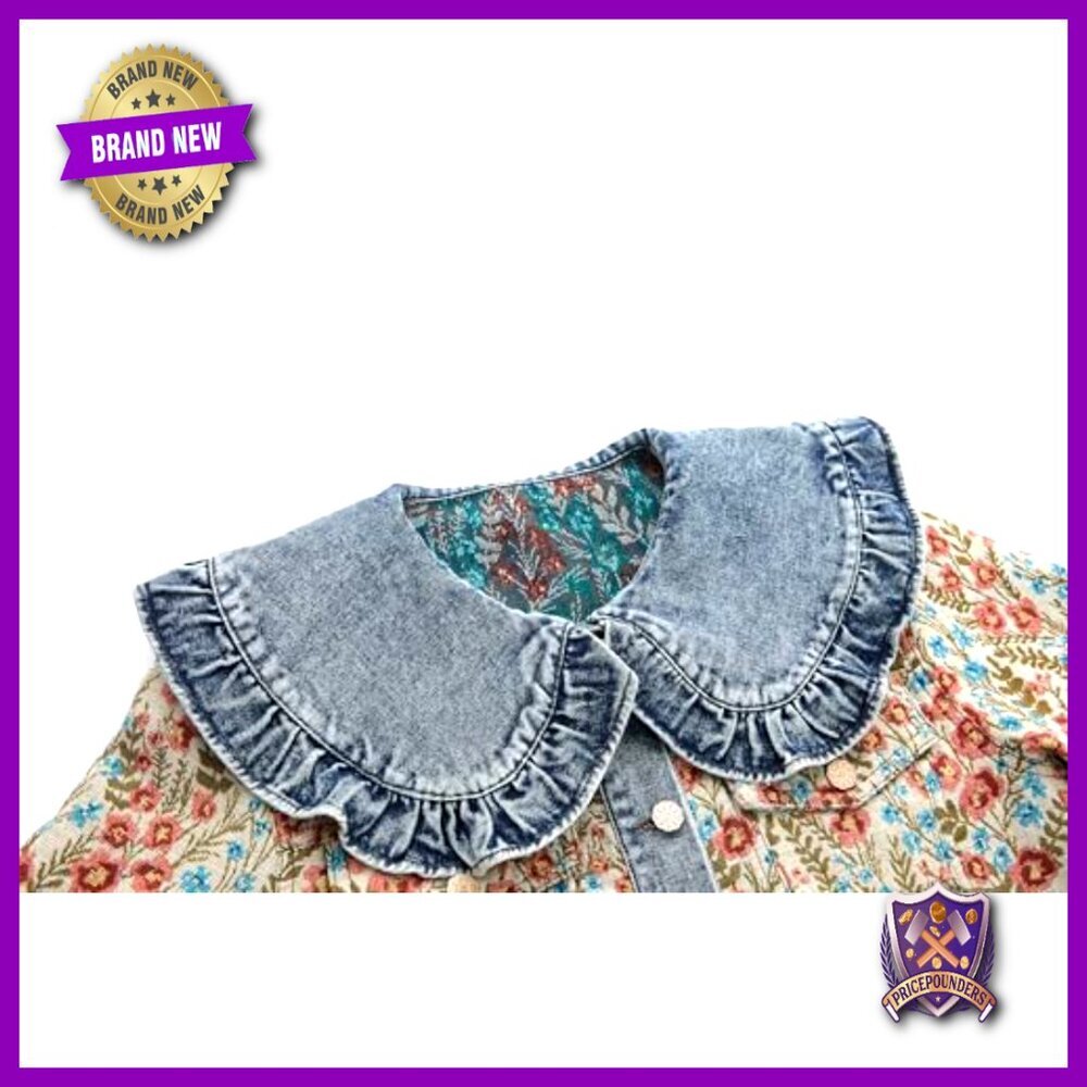 Cropped Denim Jacket Floral Embroidery Peter Pan Collar Jacquard Casual Chic - Picture 3 of 7